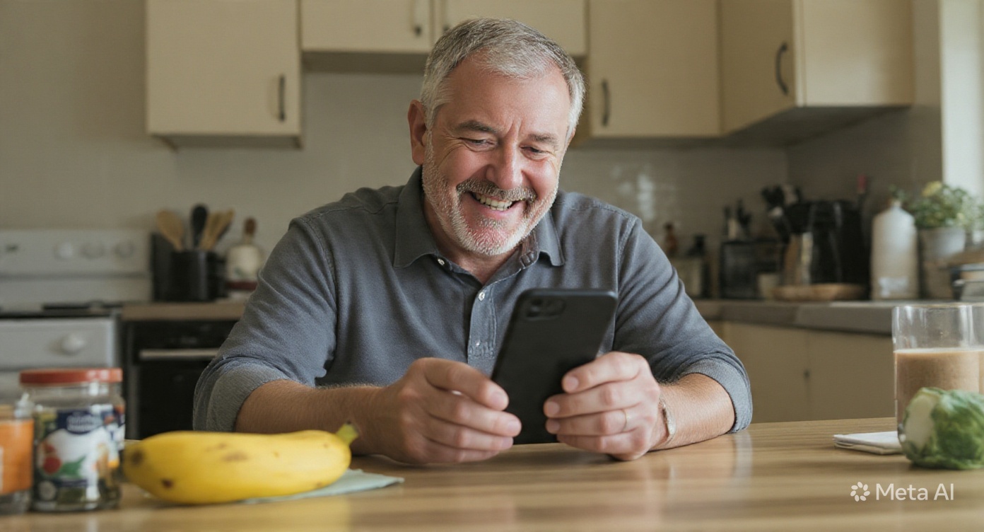 Smiling man checking his meal is kidney-safe with his phone